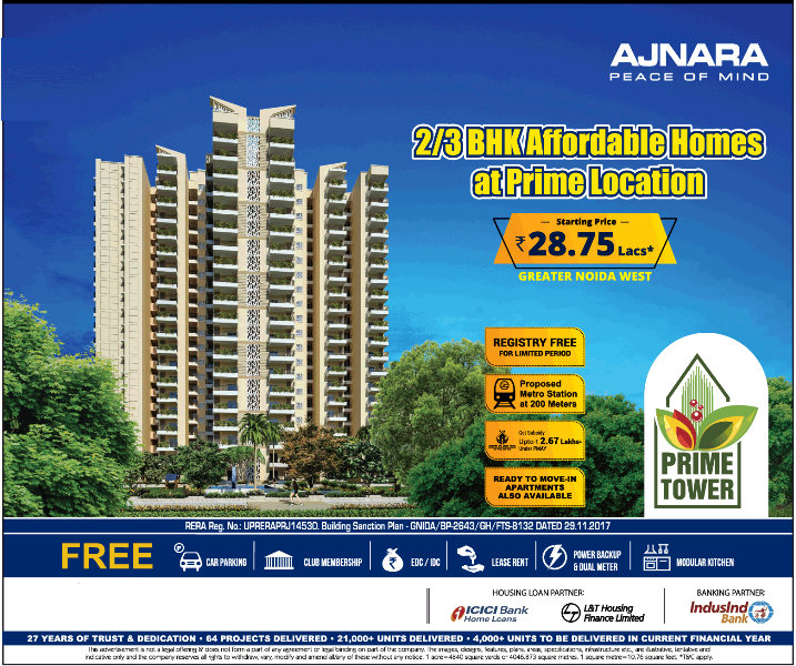 Ajnara Prime Tower 2 and 3 BHK  affordable home at prime location Greater Noida West